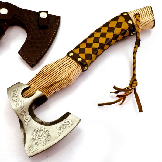 SIZZCO Custom Forged Carbon Steel Viking Style Bearded Axe - Real Hatchet, Throwing & Camping Axe with Leather Wrap Best Gift for Anniversary, Valentine's Day, Birthday with Premium Leather Sheath