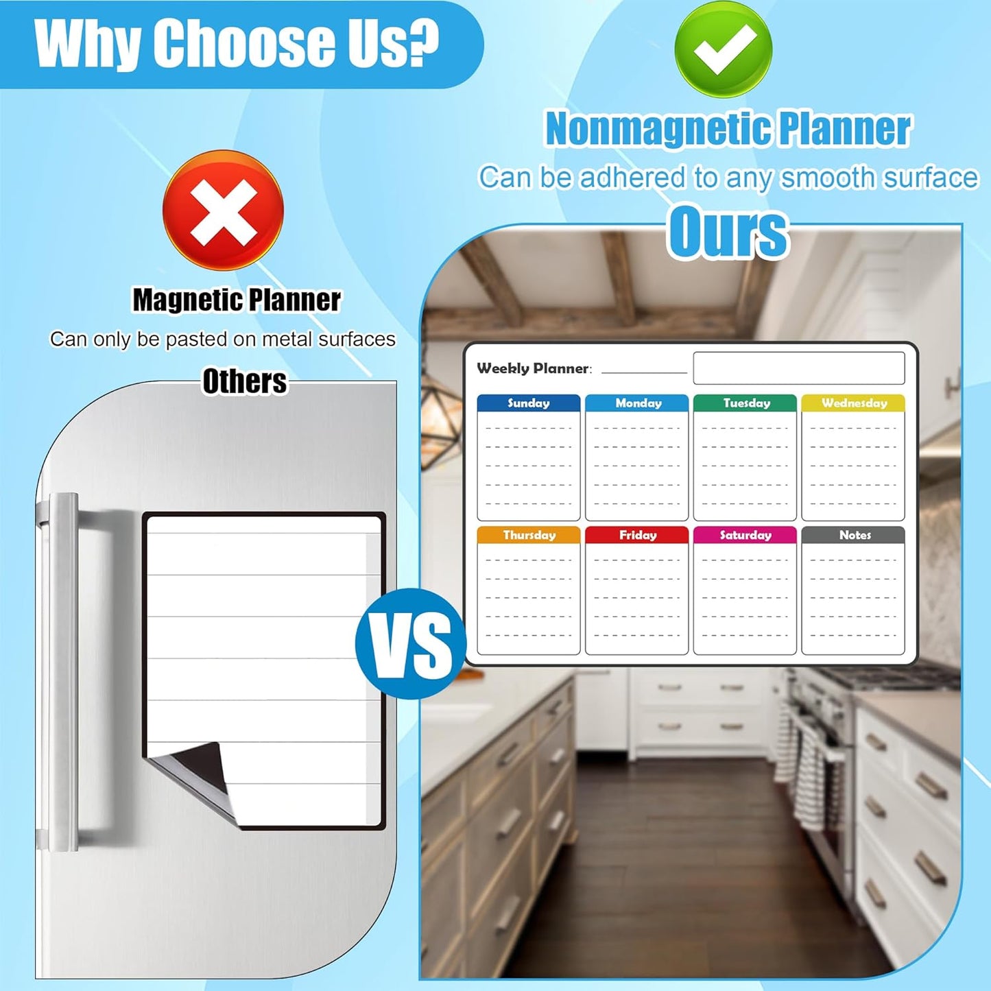 4 Pack Non-Magnetic Dry Erase Calendar Board Set, Anglecai Monthly, Weekly, Daily, List Calendar Sticks for Fridge, Wall, Door