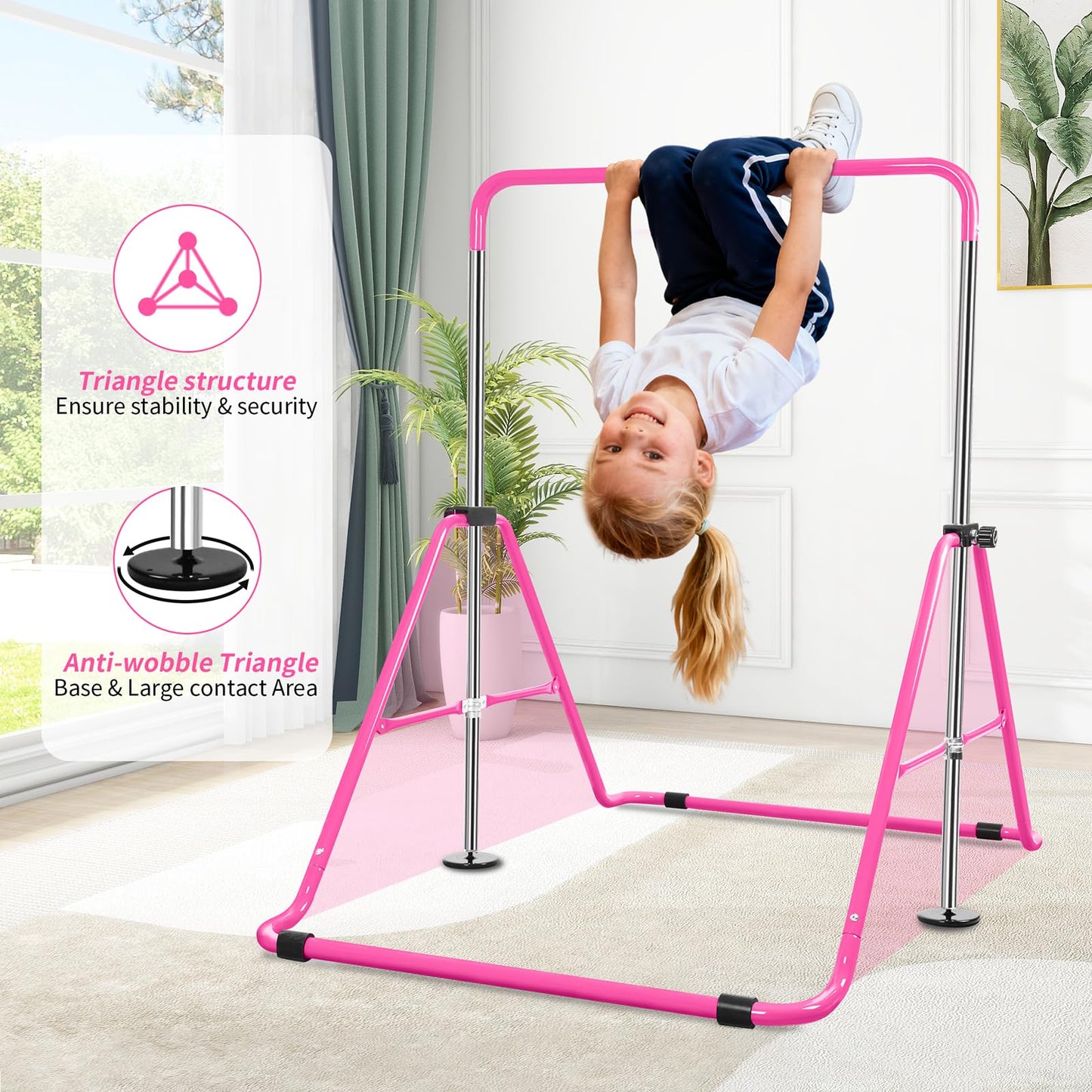 Bighaki808 Gymnastics Bars Kids Training Bars for Home, Folding Horizontal Bars with Adjustable Height Expandable Gymnastics Equipment Junior Kip Bar for Girls & Boys (Pink)