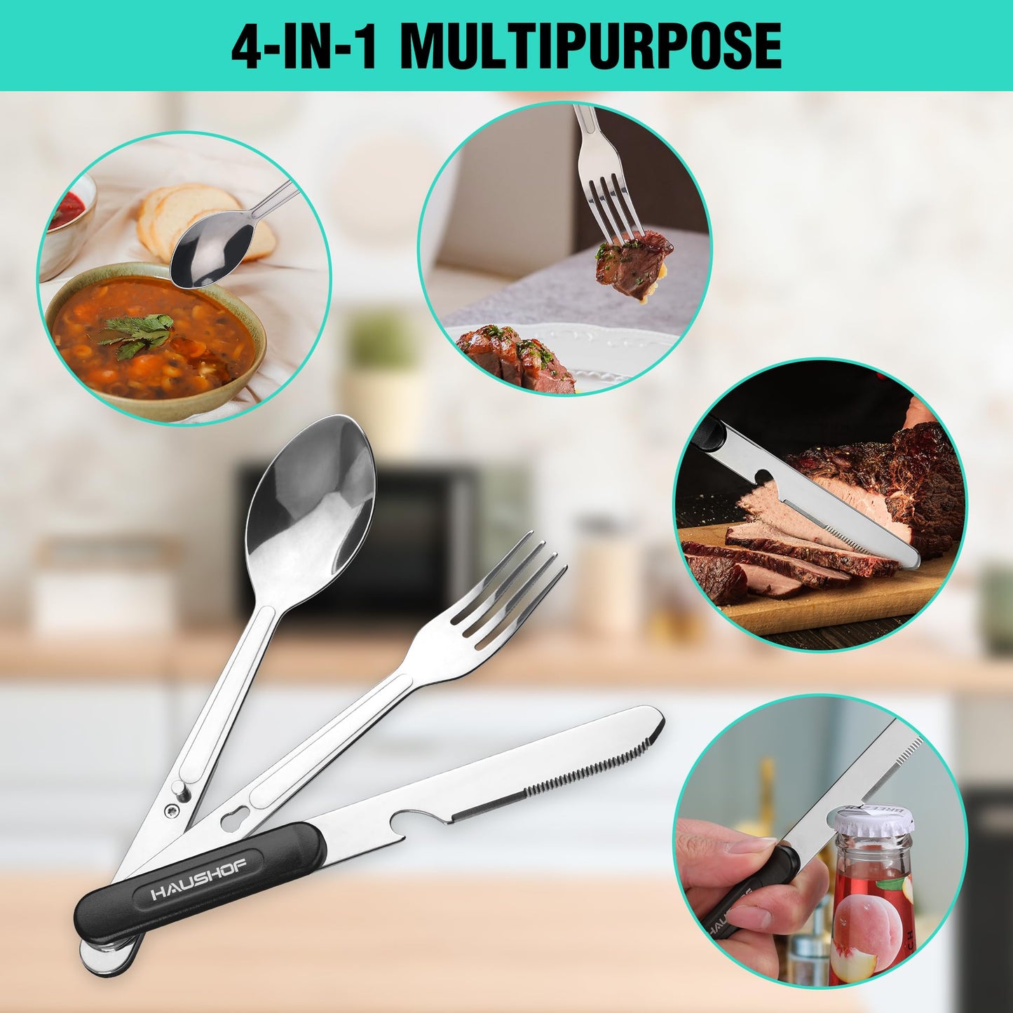 HAUSHOF 2-Pack 4-in-1 Camping Utensils, Stainless Steel Camping Eating Utensils with Carrying Bag, Detachable Spoon, Fork, Knife, Bottle Opener - Travel Utensil Set for Hiking, Picnic, Barbecue