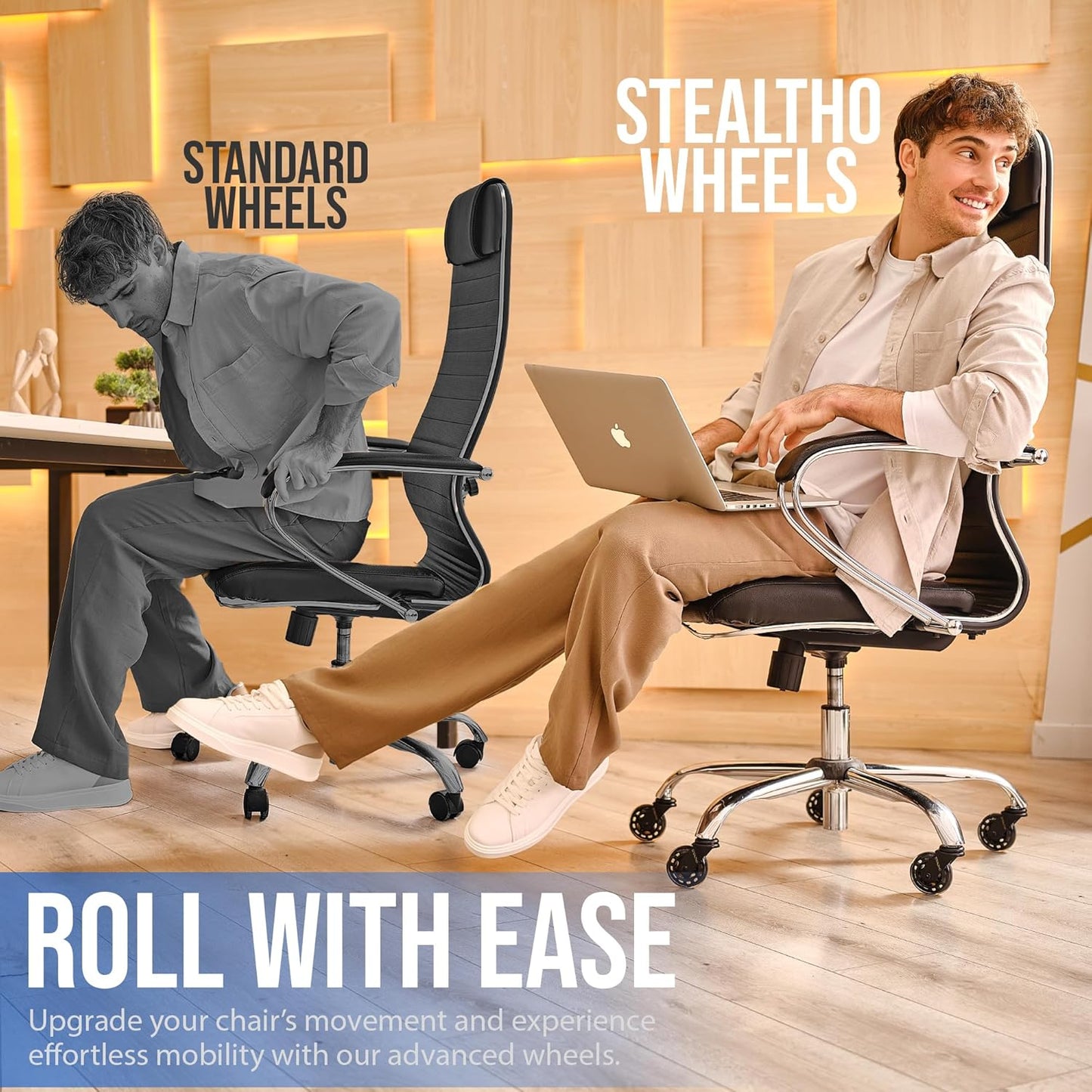 Stealtho Original Office Chair Wheels Set of 5 - Protect Hardwood Floor & Carpet - Heavy Duty Replacement Casters - Black Soft Polyurethane - Standard Fit 7/16" x 7/8"