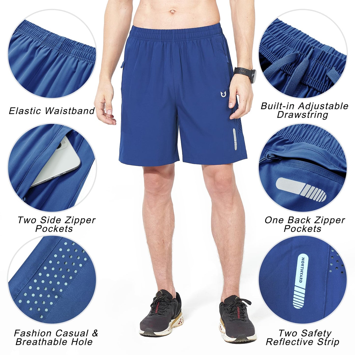 NORTHYARD Men's Athletic Running Shorts Gym Workout 7"/9"/5" Quick Dry Lightweight Sports Basketball Tennis 3 Zipper Pockets RoyalBlue M