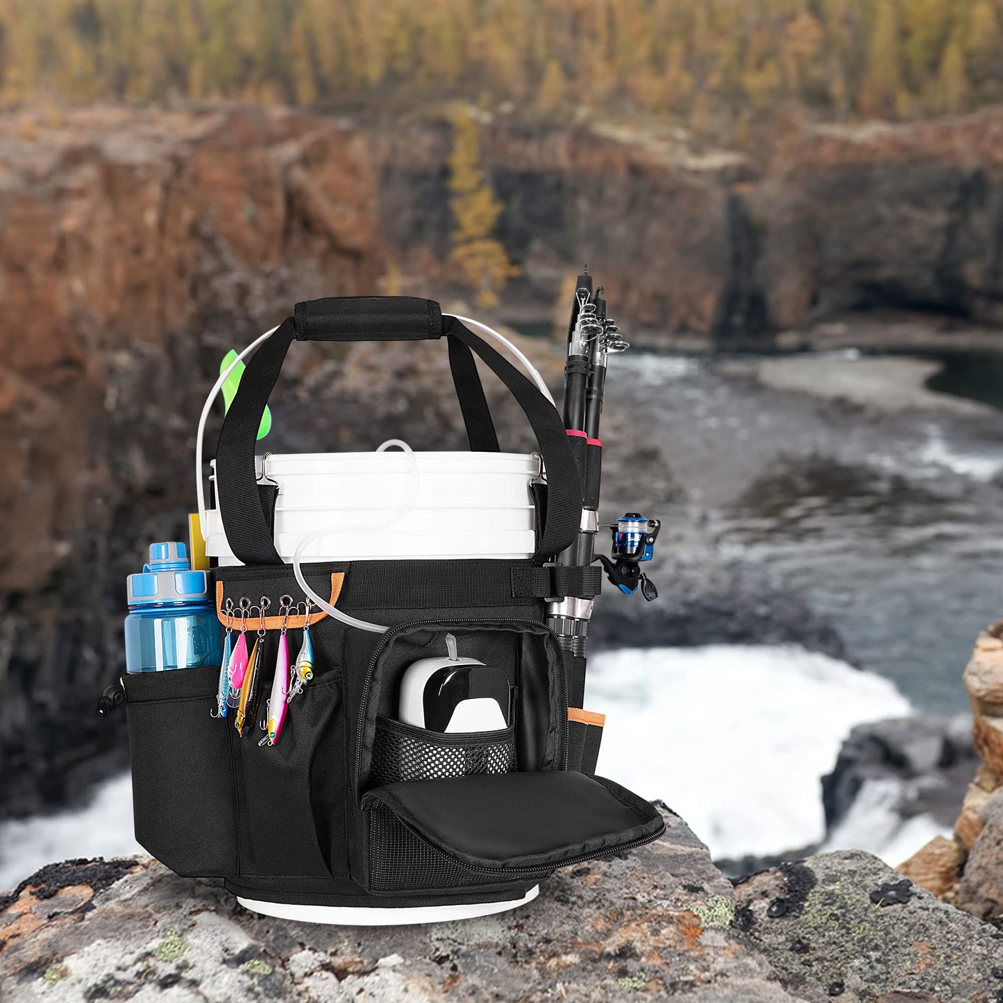 GOBUROS Fishing Bucket Organizer for 5 Gallon Bucket with Adjustable Buckle, Rod and Plier Holder and Multi-Pockets for Fishing Gear (Bucket not Included)