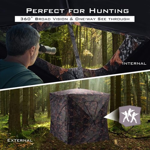 GYMAX Hunting Blind, 360 Degree See Through Ground Blind, 2-3 People Pop Up Deer Blinds, Portable Hunting Tent with Carry Bag