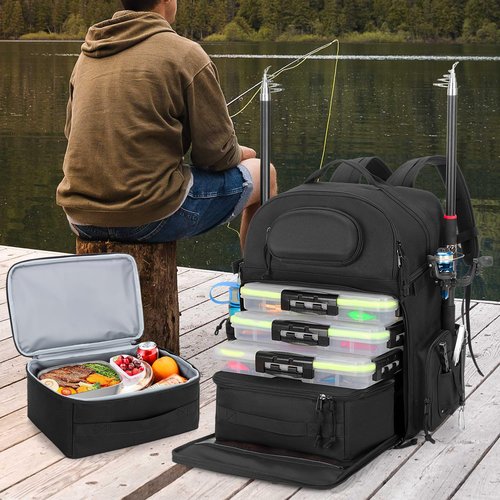 Rexmica Fishing Tackle Backpack with Cooler, Fishing Rod Bag Holds 2 Rods & Reels, Fishing Bag with Compartment for Tackle Boxes, Clothes or Other Gear, Fishing Pole Backpack, Black