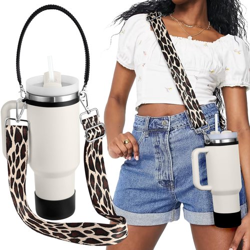Toykee Cup Straps Carrier with Boot for Stanley 40 30 oz - Water Bottle Shoulder Handle Holder Sling Crossbody Lanyard for Tumbler Leopard Black Silicone Carrying Accessories Set