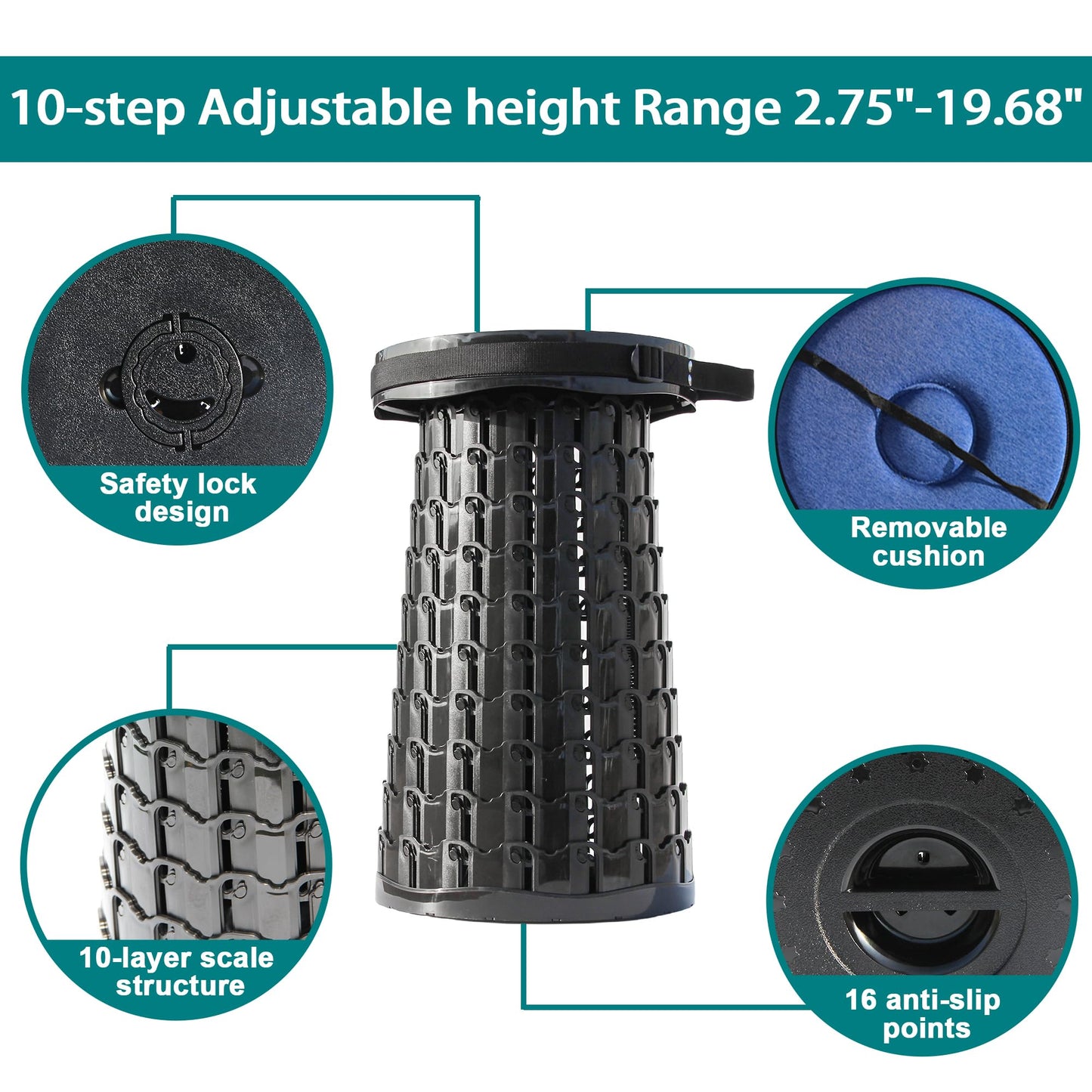 ALEVMOOM 2025 XXL 19.7" Collapsible Stool with Cushion, Capacity 1000lbs Portable Stools for Adults Heavy Duty, Adjustable Height Telescoping Folding Stool, for Outdoor Camping Travel Hiking Fishing