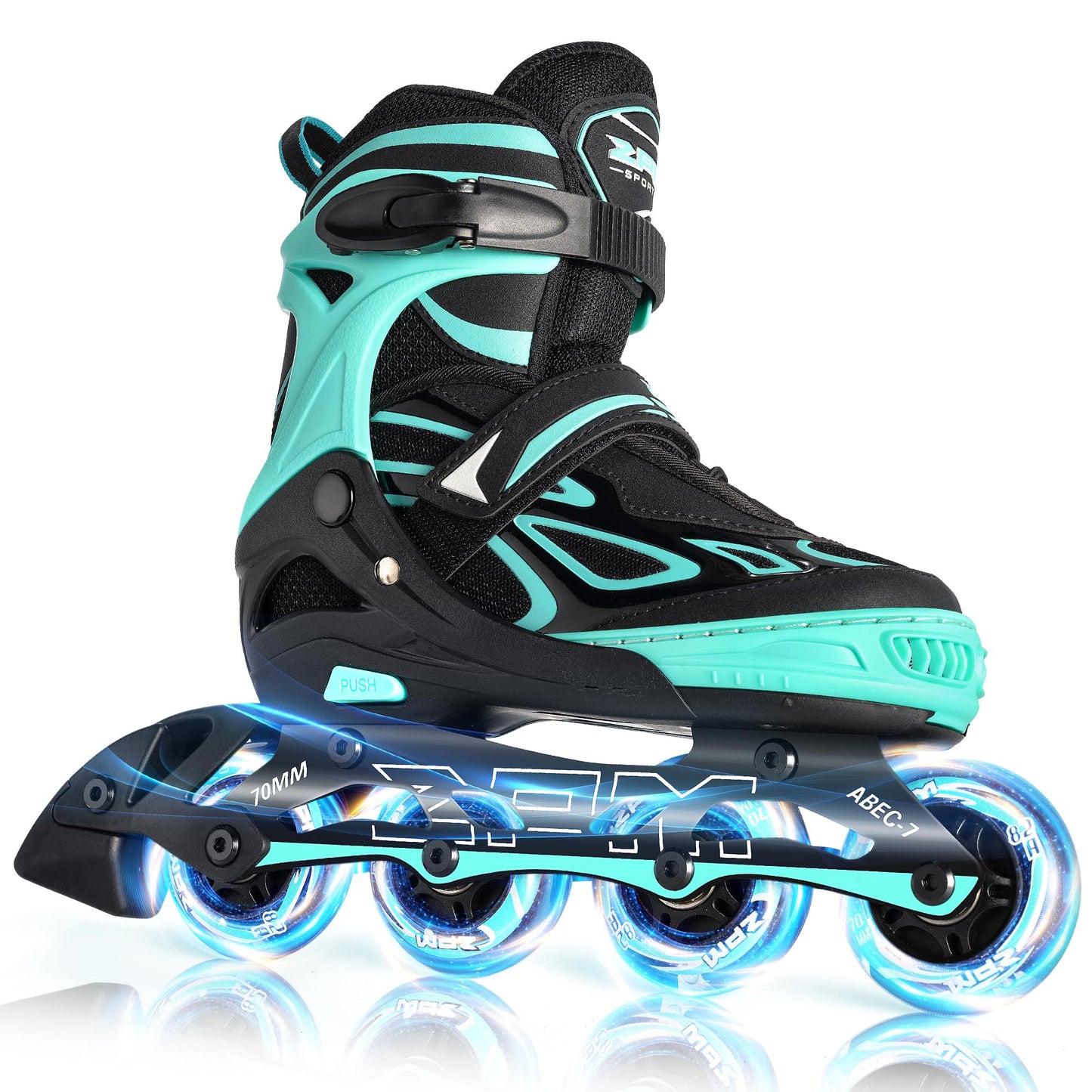 2PM SPORTS Vinal Girls Adjustable Flashing Inline Skates, All Wheels Light Up, Fun Illuminating Skates for Kids Women and Men - Mint Small