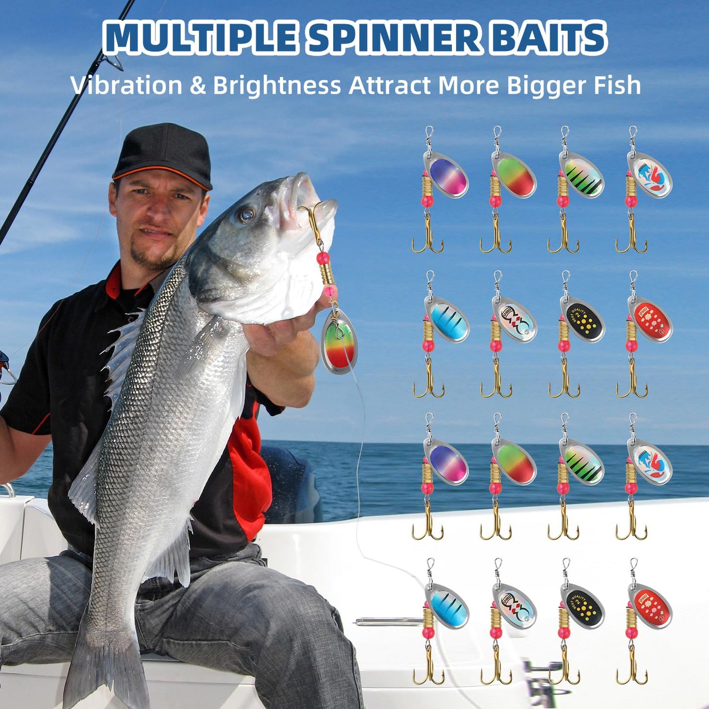 Fishing Lures Spinner Baits, 16 Pcs Hard Metal Spinner Baits for Bass Trout Salmon, Spinnerbait Spoons Kit with Triple Fishing Hooks, Fishing Gears for Freshwater Gift for Men