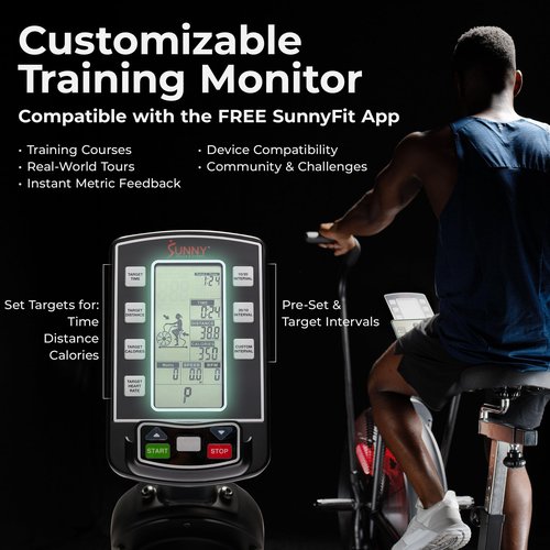 Sunny Health & Fitness Premium Smart Cross Trainer Fan Bike, Air Resistance Cardio Machine with 330LB Capacity for Intense Home Workout , Customizable Monitor with Free SunnyFit App Connection- SF-B223018