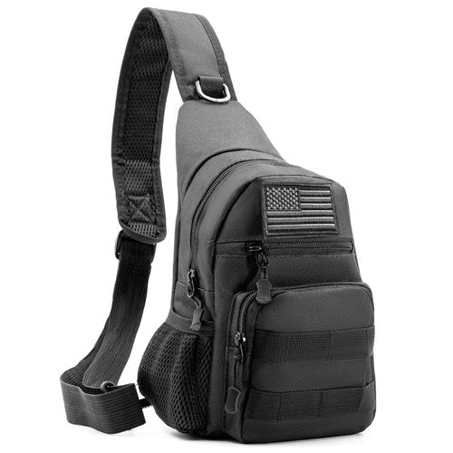 Laoyemen Tactical Sling Bag with Flag Patch, Adjustable Crossbody Bag for Hiking, Camping & Traveling,Shoulder Backpack with Molle System (Black)