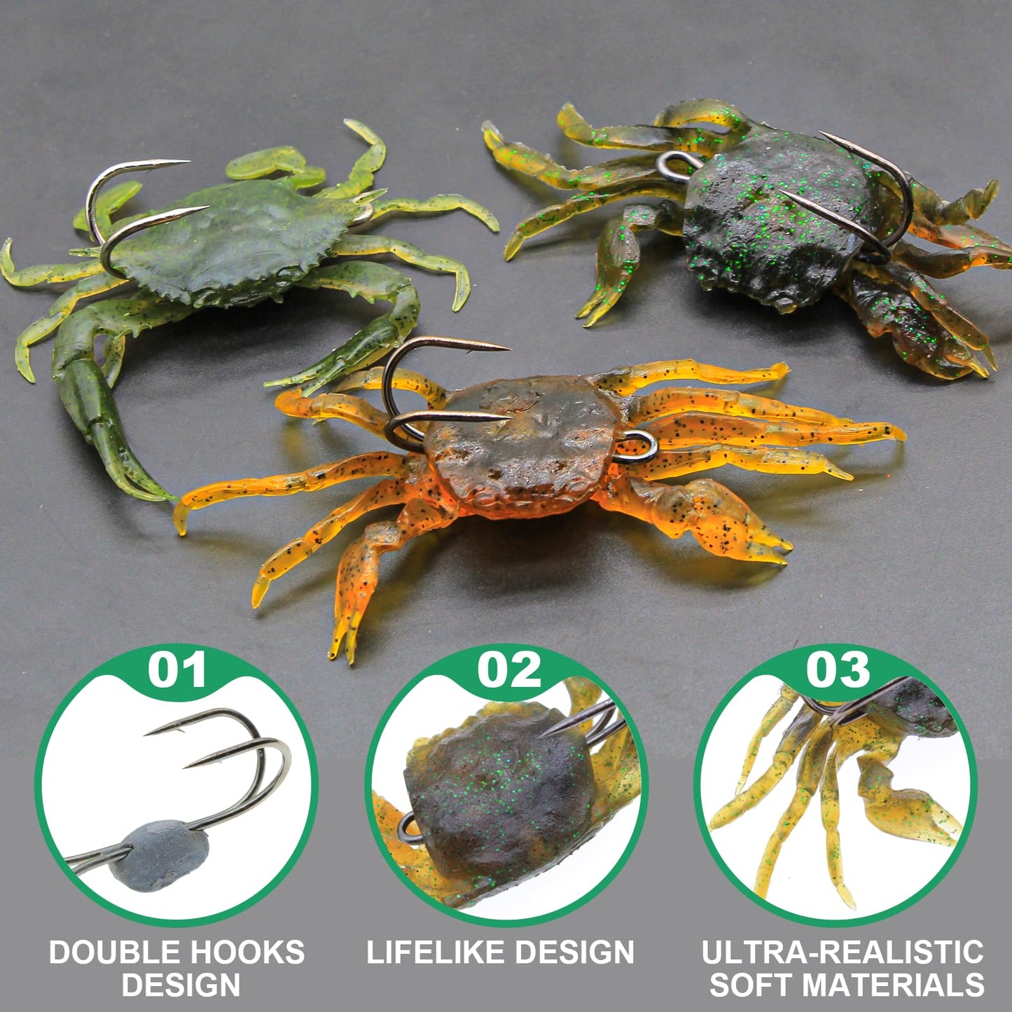 FishingPepo 3Pcs Fishing Soft Plastic Lures Crab Soft Lure with Double Fishing Hooks Crab Baits Traps Kit for Bass Saltwater Fishing