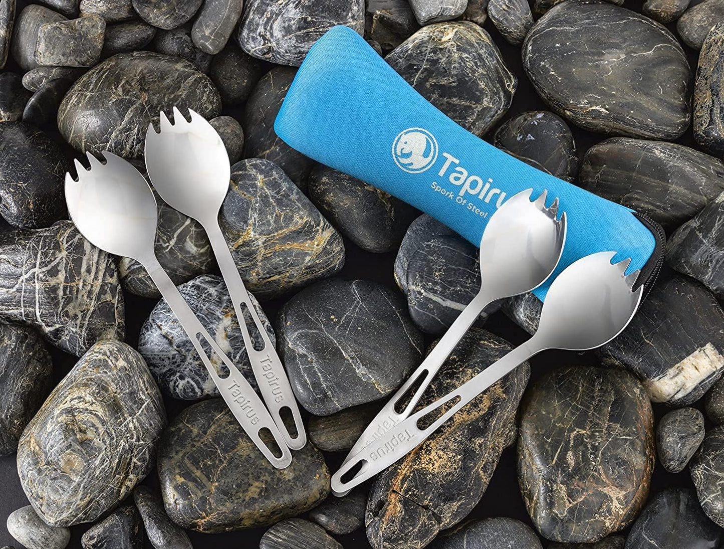 Tapirus Stainless Steel Classic Sporks Set of 4 - Save Space When Camping, Hiking or Backpacking - Heavy Duty Fire Proof Metal Tool - Long Handle, Reusable and Extra Light for Travel - with Case