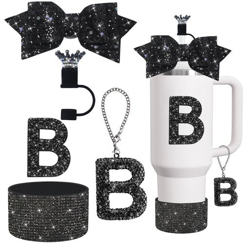 XIANGYUAN Water Bottle Accessories Set for Stanley Cup,Accessories Charms for Stanley Cup Including,Decorations for Tumbler Cup 30/40OZ,Glitter Silicone Boot with Bow Straw Cover (Black Diamond B)