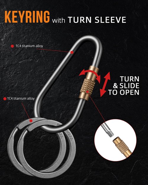 Locking Carabiner Keychain, FEGVE Small Titanium Carabiner Clip with 2pcs/1 inch/25mm Titanium Key Ring, Lightweight and Durable-1pcs