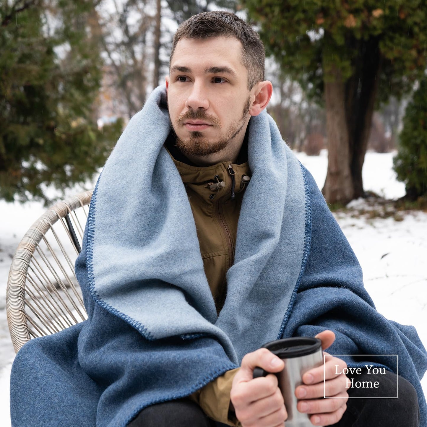 LYHome Merino Wool Blanket - Outdoor Camping and Hiking Throw, Extra Warm Army Military & Hunting Blankets for Cold Weather, Warmest Plaid Sheep Wool (51 x 67 in | Blue - Light Blue Double-Sided)