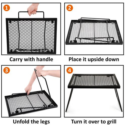Elsjoy Folding Campfire Grill Grate with Carrying Handle, Portable Camping Grill Over Fire Mesh Grate, Heavy Duty Steel Grate for Outdoor Cooking, Picnic, BBQ