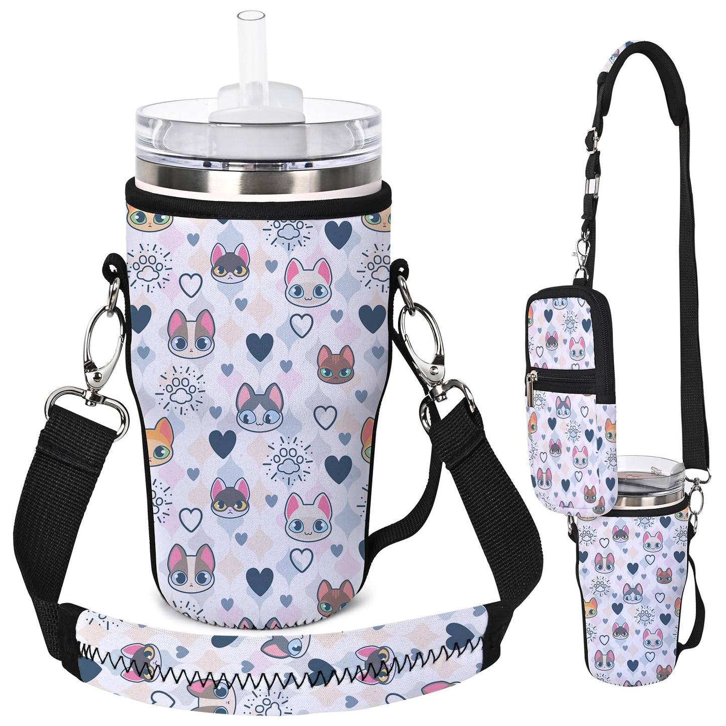 AUPET Water Bottle Holder Carrier Bag fit for 30/20 /14 oz Stanley Flowstate IceFlow Yeti Tumbler,Cup Accessories Sleeve Sling with Phone Pouch & Strap (Cute cat Heart, fit for Tumbler 20oz)