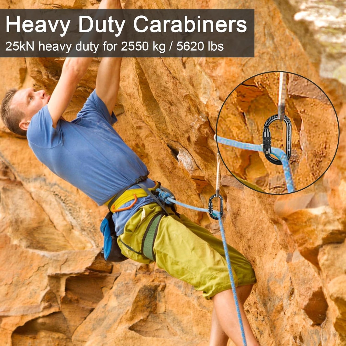 FVW CE Certified Auto Locking Climbing Carabiners, Professional 25KN (5620 lbs) Heavy Duty Caribeaners for Rappelling Swing Rescue & Gym etc, Large D-Shaped Carabiners, 5 Pack