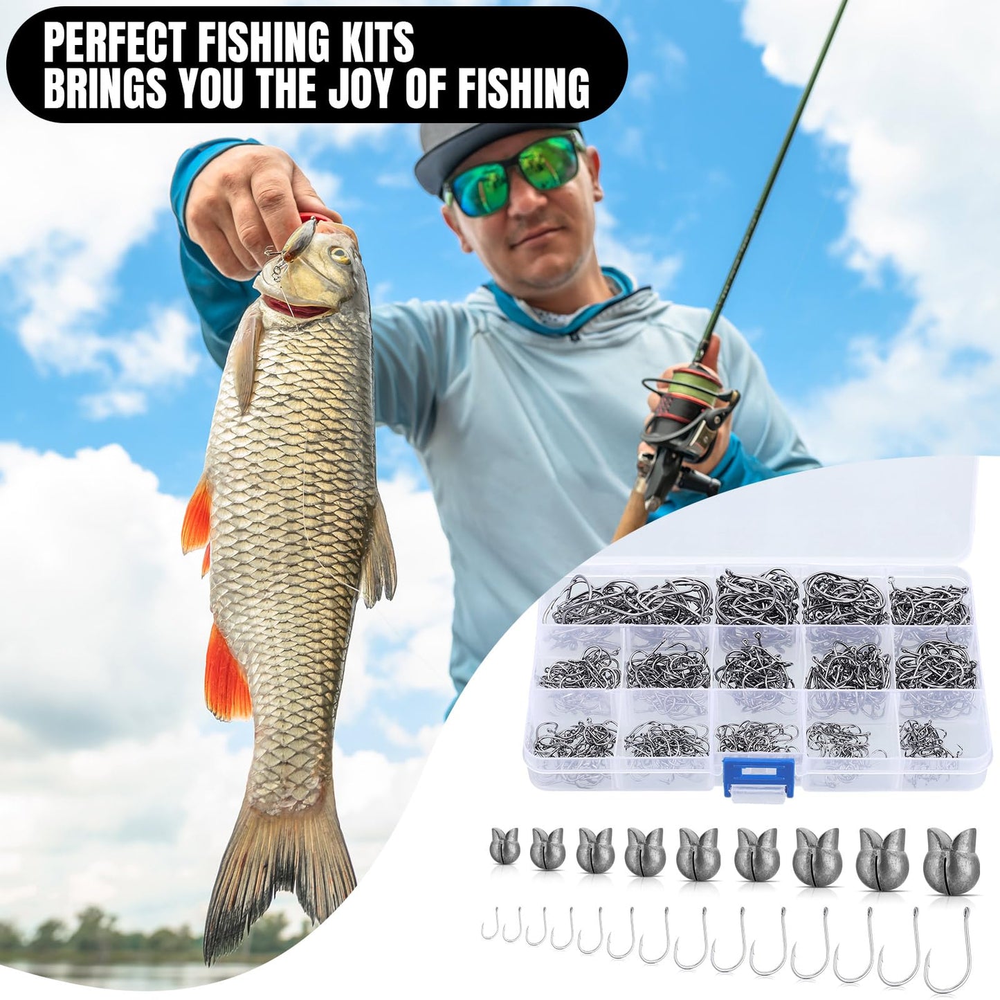 JellyArch 800 Pcs Fishing Accessories Kit Includes 700 Pcs 14 Sizes Carbon Steel Fishing Hooks 100 Pcs 9 Weights Removable Split Shot Sinker Circle Hooks Saltwater Fishing Sinkers and Weights with Box