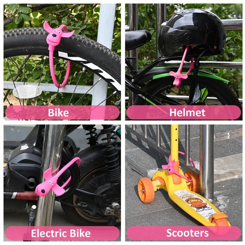 WOOQOTT Bike Cable Lock with Keys,Silicone Covered Kids Cable Lock Cartoon Lock,2 Feet Lock for Bike,Door,Skateboard,Helmet and More (Pink, Large)