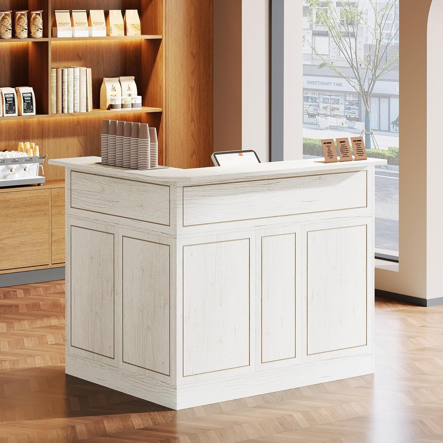 Tribesigns Reception Desk with Storage Shelves, L-Shaped Modern Front Desk, Reception Counter Table for Small Office, Salon, Checkout Office, Black