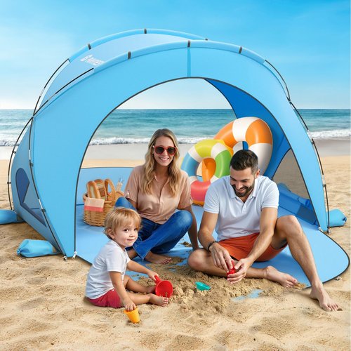 Raynesys Beach Tent Sun Shelter, Portable Beach Shade with UPF50+ UV Protection for 1-3 Person, Sun Shade Tent with 2 Zippered Doors, Cool Cabana for Sand Camping Fishing, Blue
