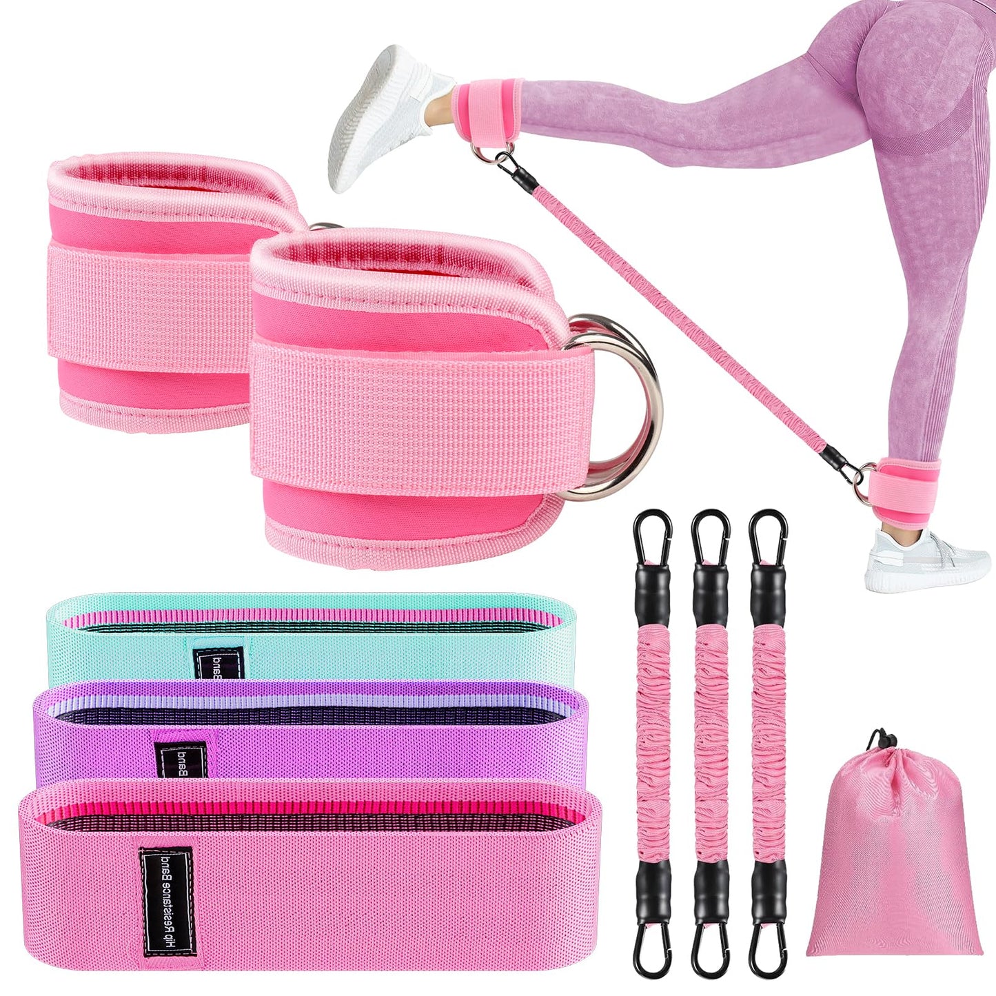 9 pcs Ankle Resistance Bands with Cuffs, Ankle Weights for Legs Glutes, Ankle Bands for Working Out Exercise Bands Set for Butt Lift Women Workout Equipment, Perfect for Gym Home Workouts