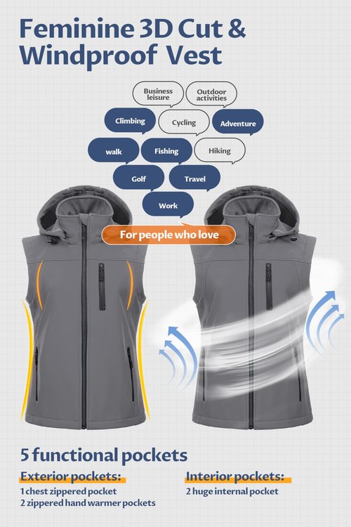 CREATMO US Womens Winter Vest Women Casual Fleece Zip Hooded Running Women's Polar Vest Lightweight With Zipper Pockets For Hiking Golf Light Grey 2XL