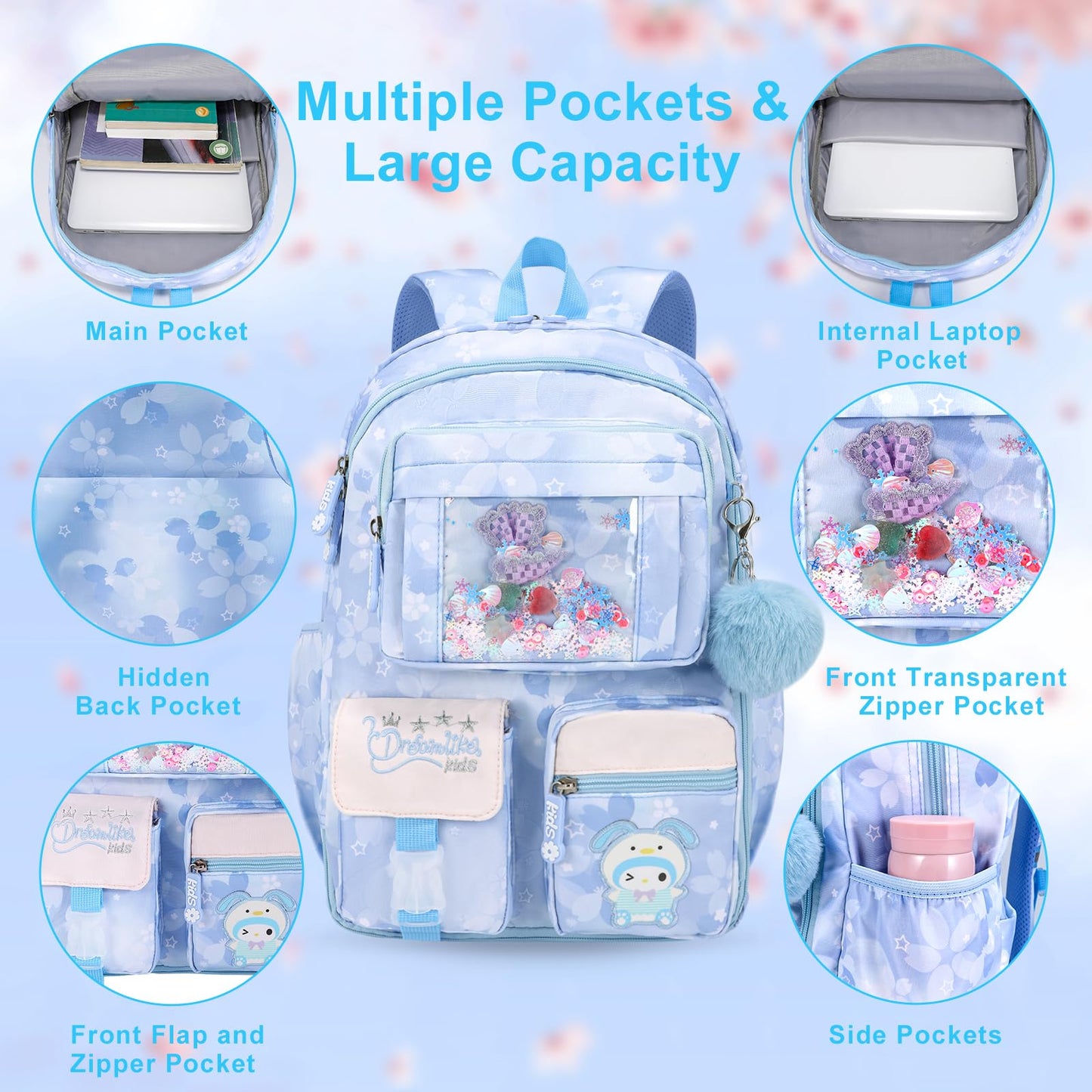 Youngsing Girls Backpack Set 3 IN 1,Cute Rainbow Kids Backpack with Insulated Lunch Box Pen Case Set Student School Bag(Pink-3 pieces set)