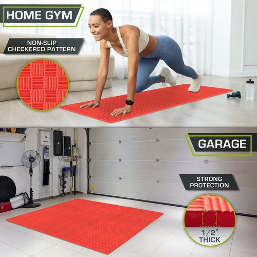 ProsourceFit Exercise Puzzle Mat ½-in, Checkered EVA Foam Floor Tiles w/Non-Slip Texture, Gym Mat w/Interlocking Foam Tiles for Adjustable Surface, Shock Absorbing, Waterproof Gym Flooring, Red