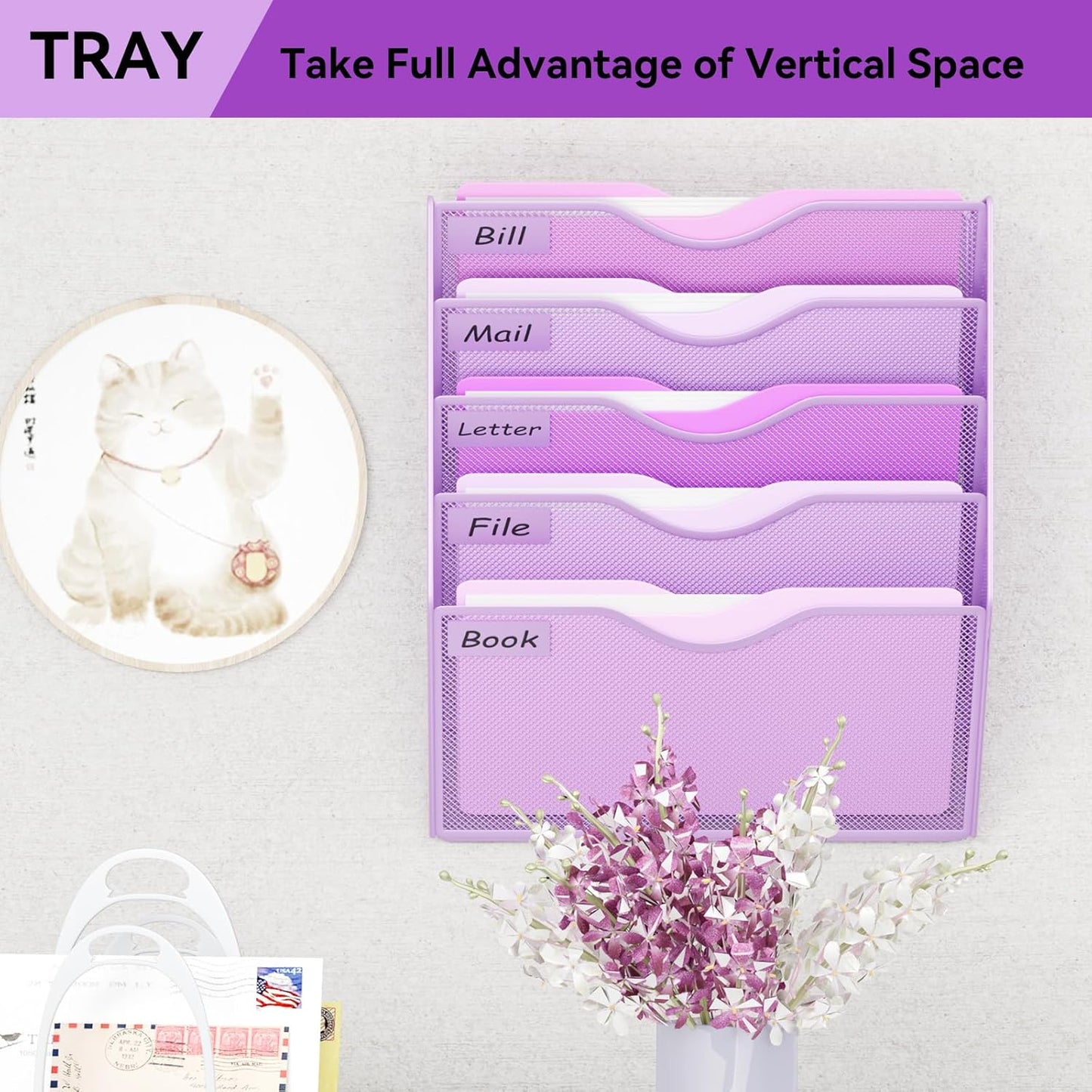 5 Pockets Mesh Hanging Wall File Holder Organizer Wall Mounted Paper Magazine Rack, Black