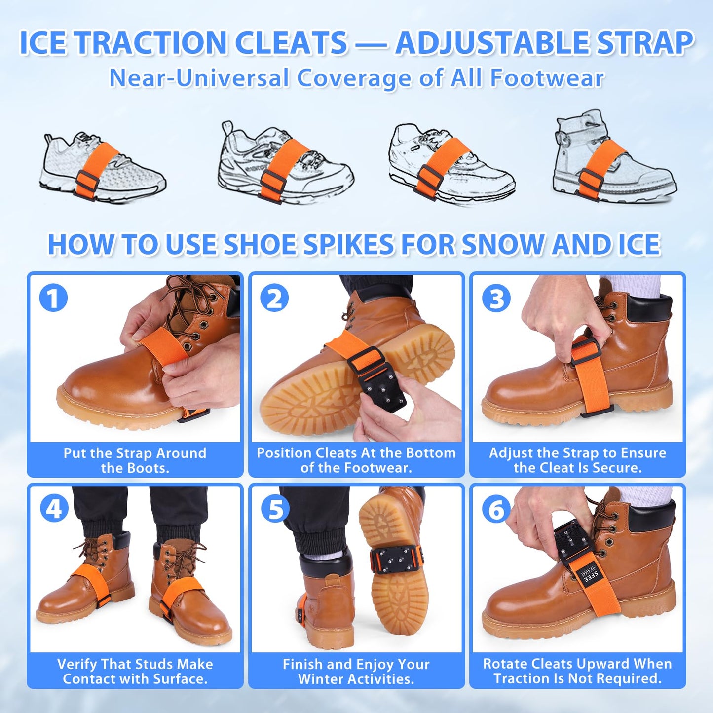Sfee Ice Cleats Crampons, Easily Rotate Ice Grippers Ice Cleats for Shoes and Boots with Tungsten Studs Shoe Spikes Traction Cleats for Snow and Ice with Adjustable Straps for Frequent Indoor/Outdoor