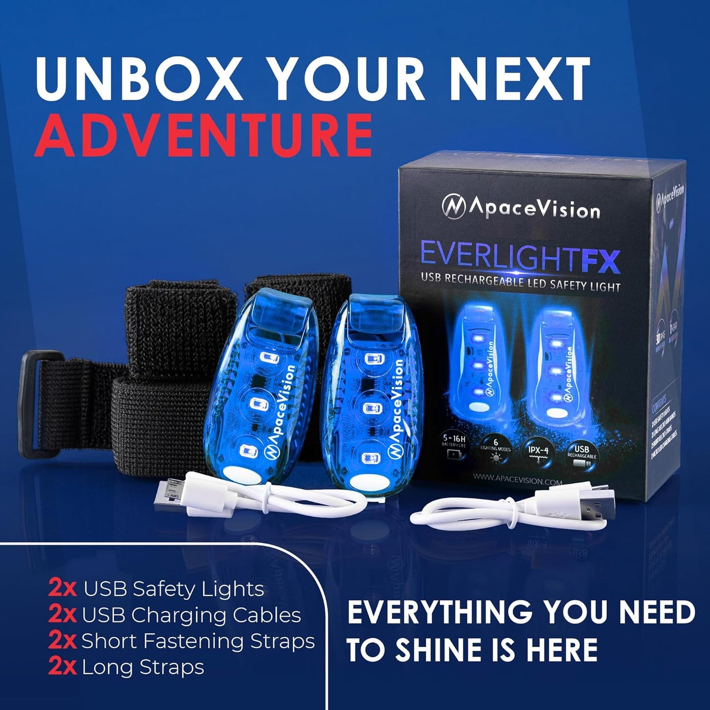 EverLightFX USB Rechargeable LED Safety Light (2 Pack) by Apace - Super Bright Bike Tail Light Works Brilliantly as Running Light for Joggers, Pets, Bicycle Strobe or Rear Clip On Lights