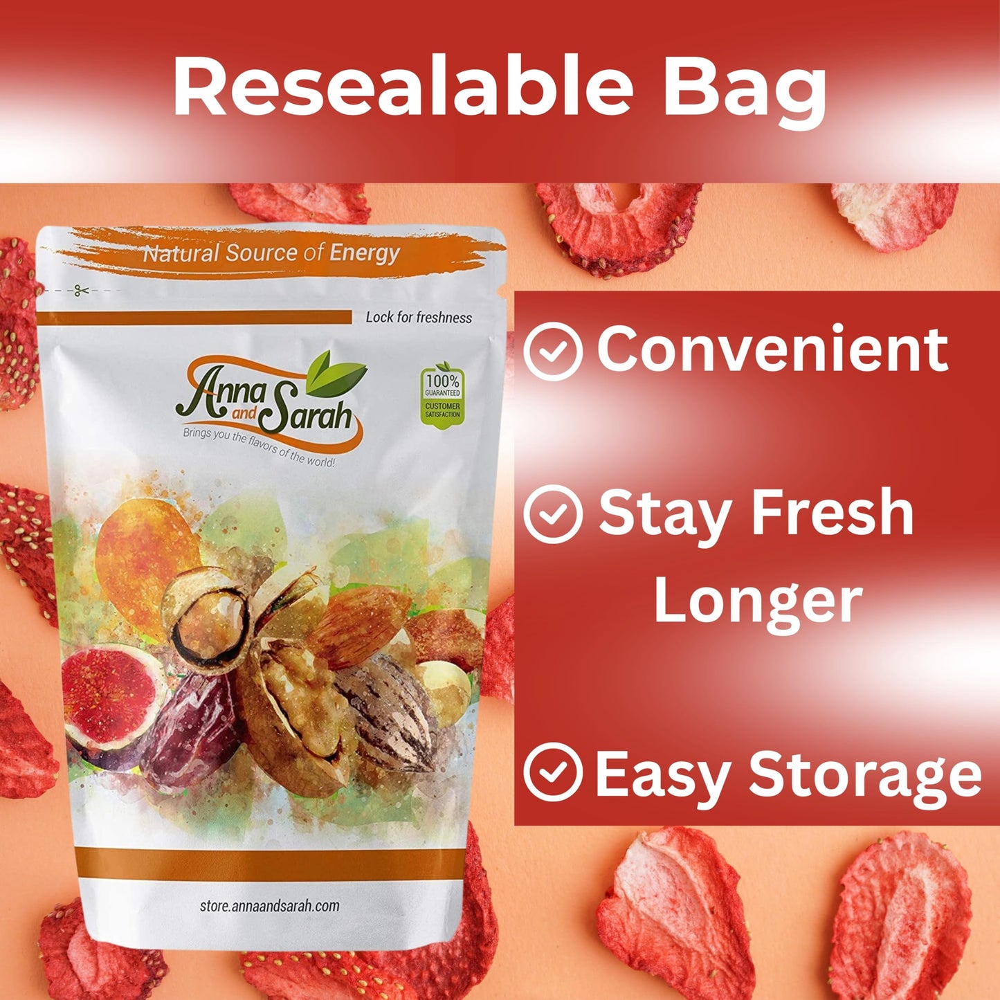 Anna and Sarah Freeze Dried Slice Strawberries 4 Oz, 100% Natural Sliced Fruit, Great for Healthy Snacks, Smoothies or Trail Mix, NO Added Sugar or Preservatives, Gluten-Free and Good for Vegan