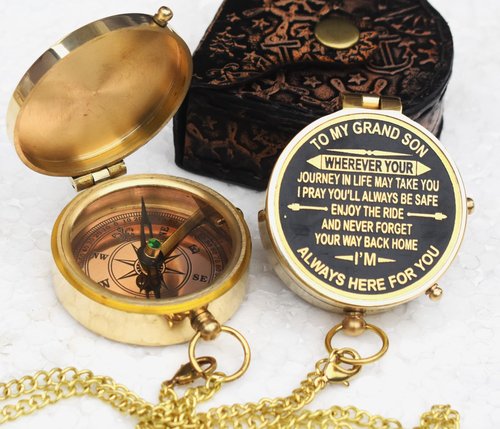 Gift for Grandson – Engraved Brass Compass with Quote | Perfect for Birthday, Baptism, Graduation, Confirmation
