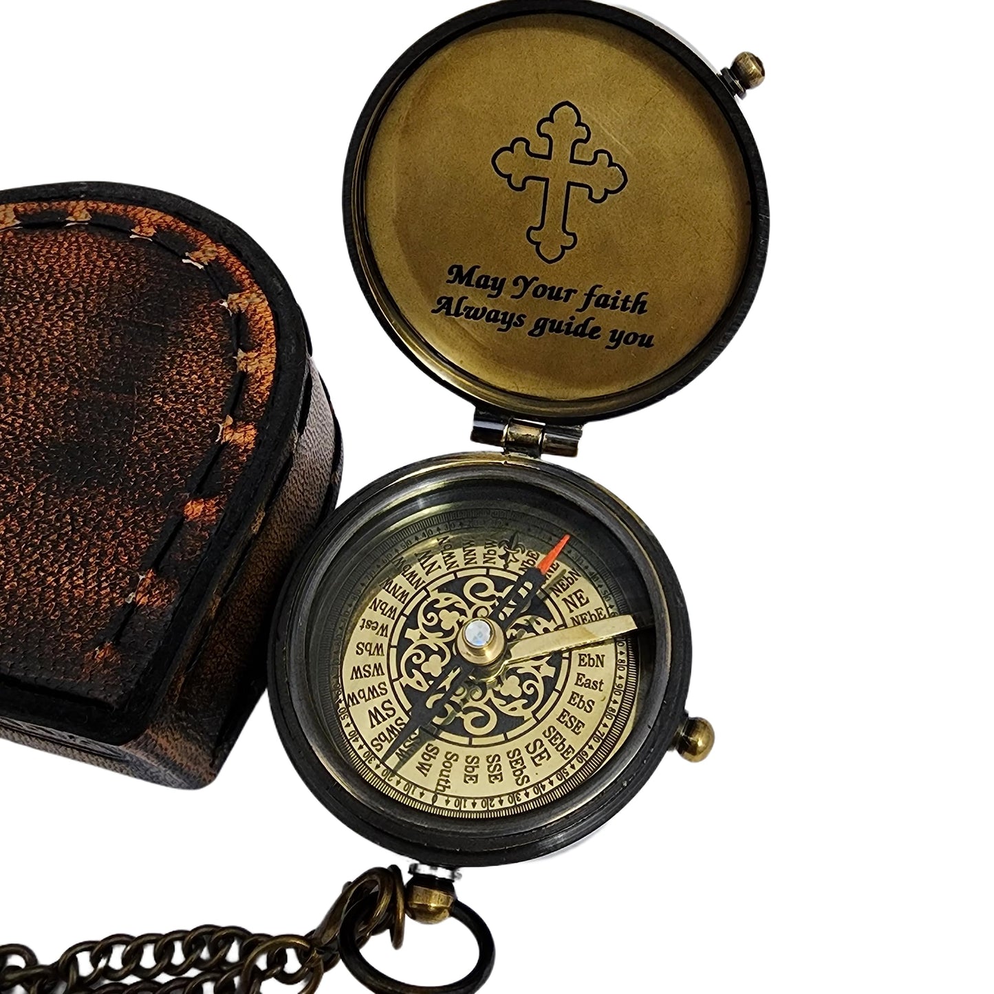 ANTIQUANA Trust in The Lord Engraved Compass with Authentic Leather Case Brass Compass Directional Compass, Baptism Gifts for Boys & Girls, First Communion (May Your Faith withLeather case)