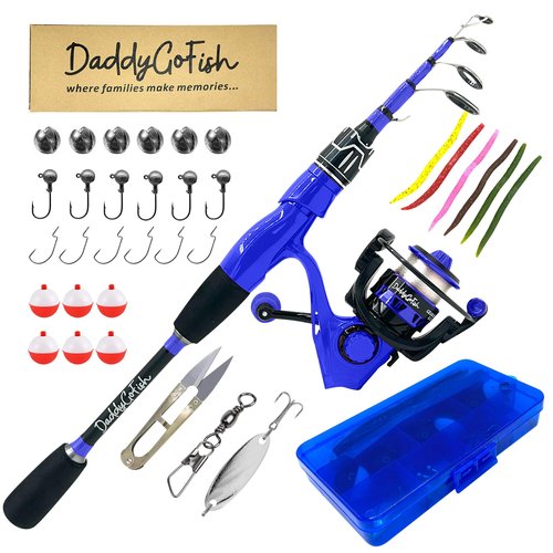 DaddyGoFish Spinning Fishing Rod and Reel Combo Set with Tackle Box | Kids Fishing Pole | Carbon Fiber Telescopic Fishing Rod Kit | Spinning Reel for Travel Saltwater Freshwater Fishing Gear Kit
