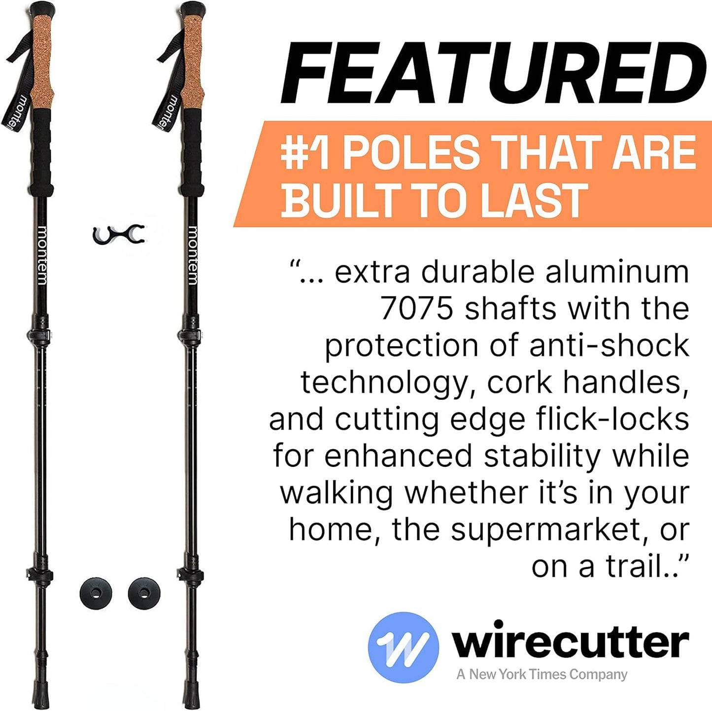 Montem Ultra Strong Trekking, Walking, and Hiking Poles - One Pair (2 Poles) Anti-Shock Cork Handle - Collapsible, Lightweight, Quick Locking, and Ultra Durable