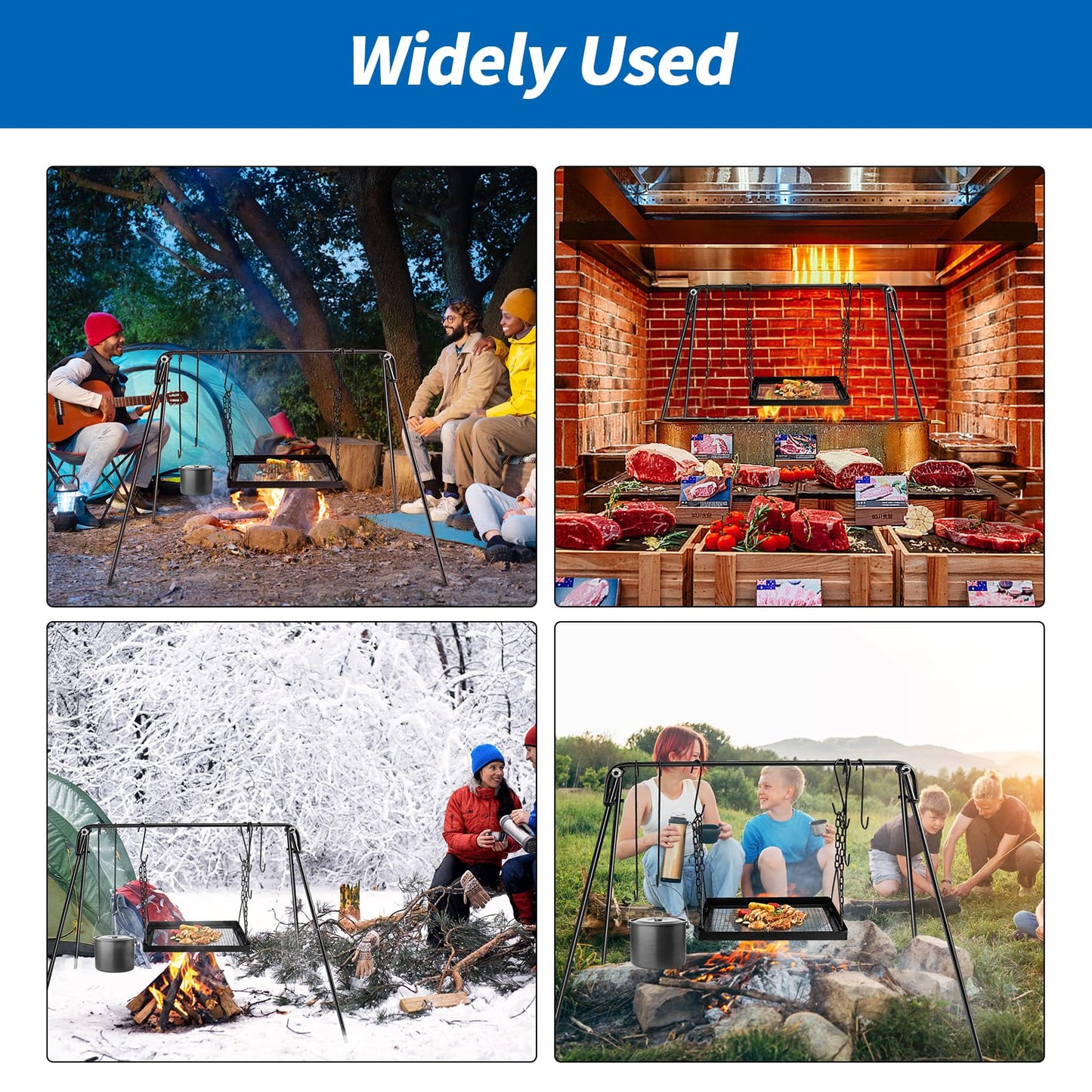 HONYTA Campfire Swing Cooking Grill Stand, Portable Hanging Cooking Rack with Collapsible Legs Adjustable Grill Grate and Hooks for Outdoor BBQ Picnic Cookware Party