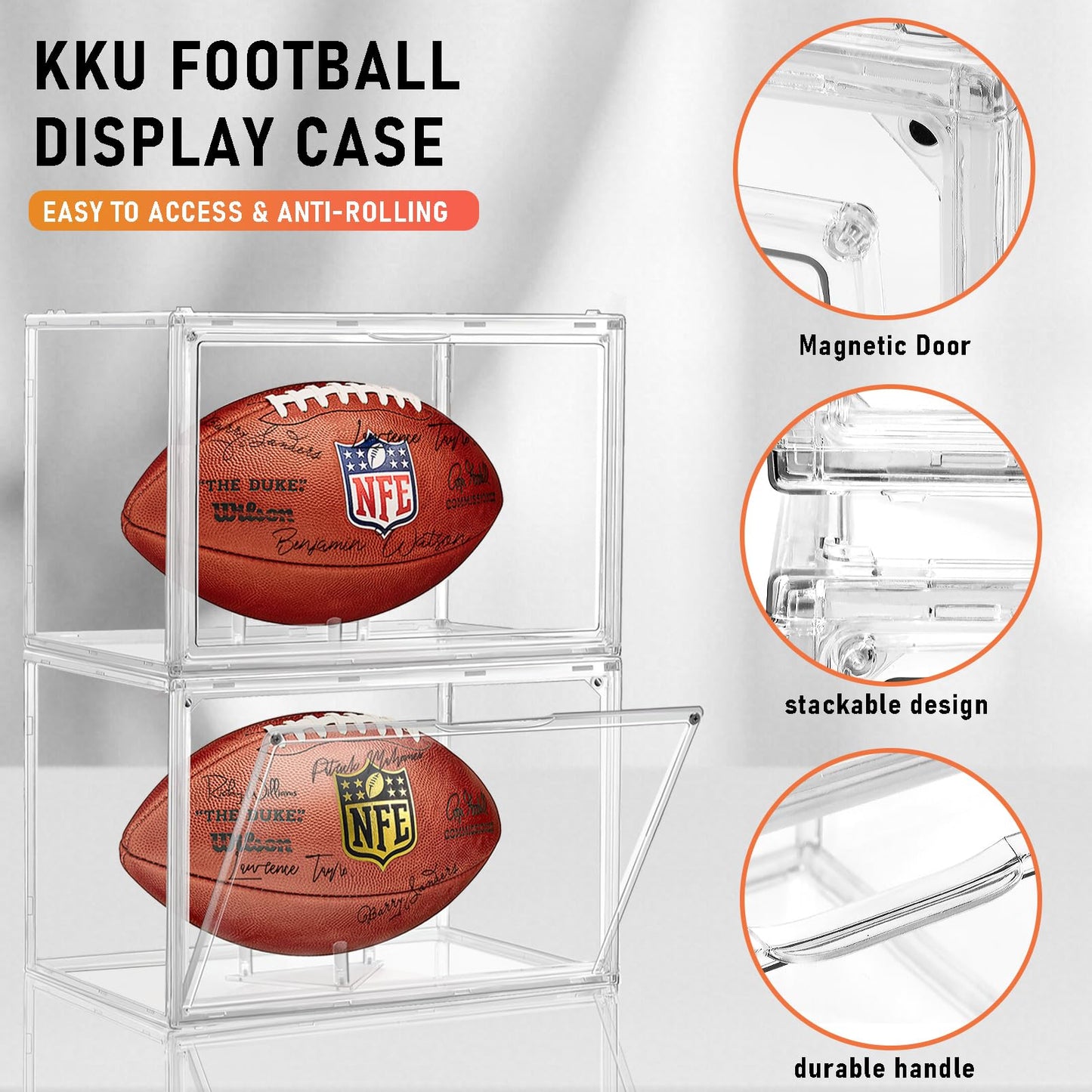 Football Display Case, KKU Acrylic Clear Football Case Full Size with Magnetic Door, Professional Memorabilia Football Display Boxes Football Holder Dust and UV Protection