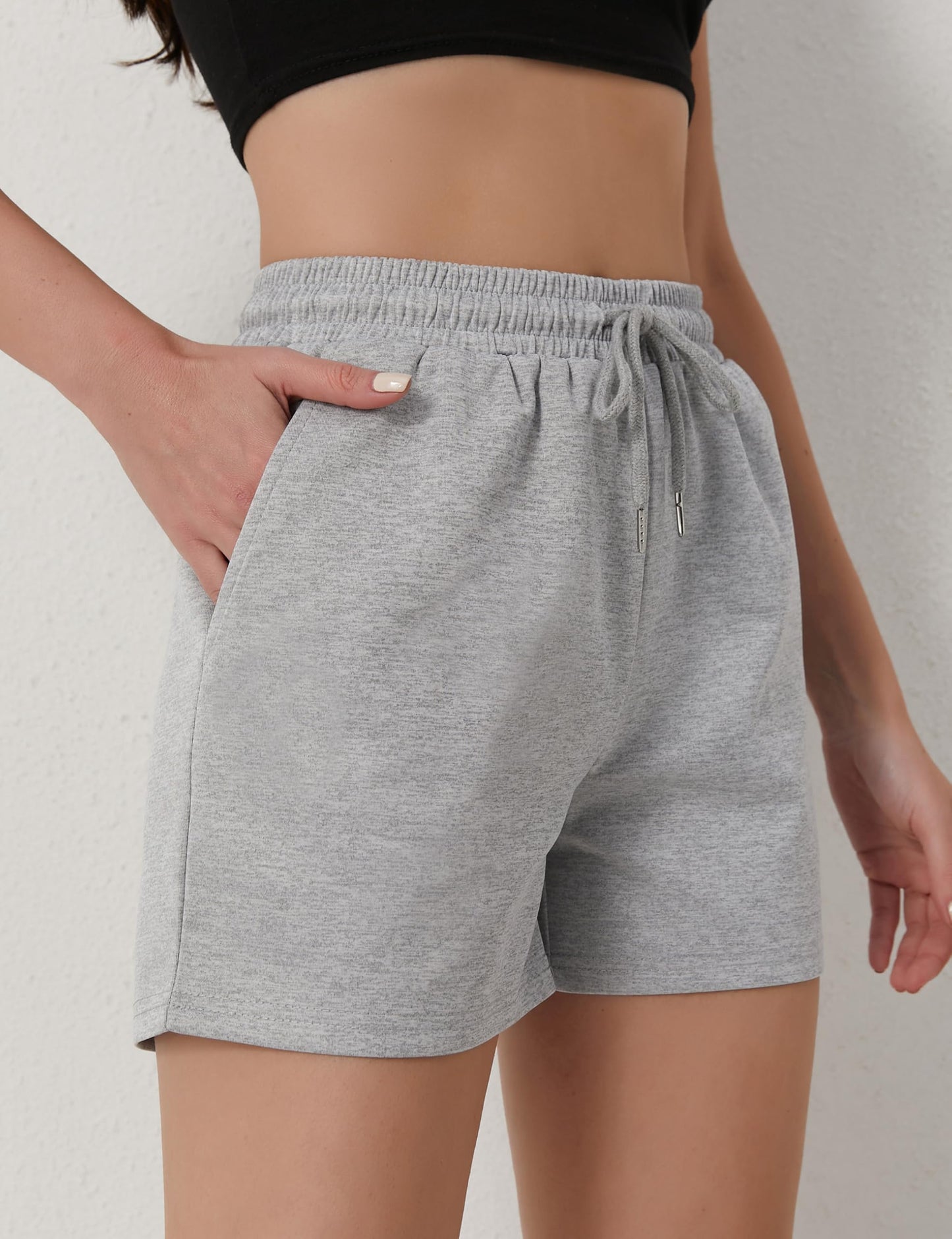 FEQO 2 Pack Women's Sweat Shorts with Pockets Drawstring Workout Lounge Shorts Casual Summer Running Clothes, Black & Gray, L