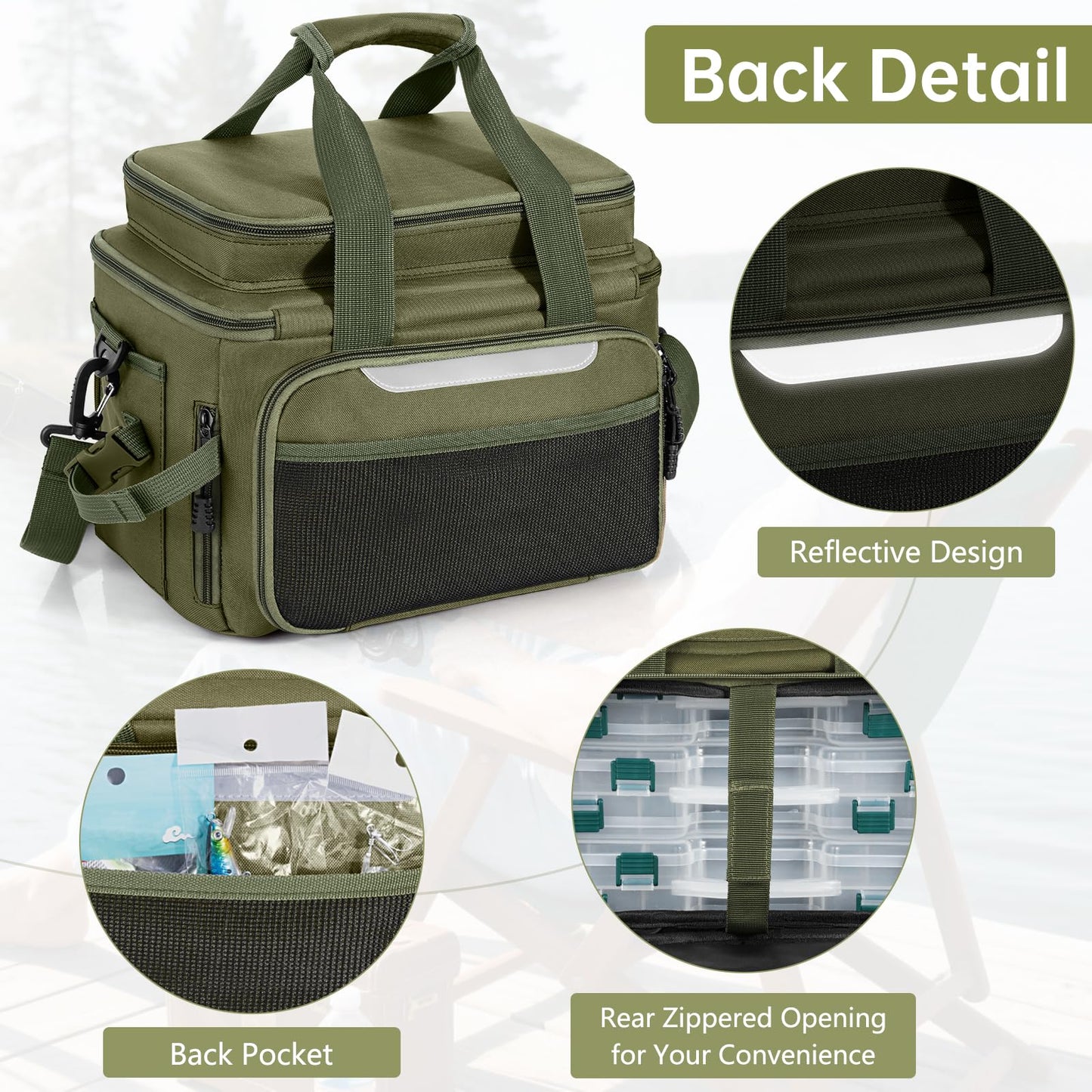 FREEAMG Fishing Tackle Bags - Saltwater & Freshwater Fishing Bag - Padded Shoulder Strap Fishing Bags - Gear Storage for Tackle Box (Green) (Does not come with box)