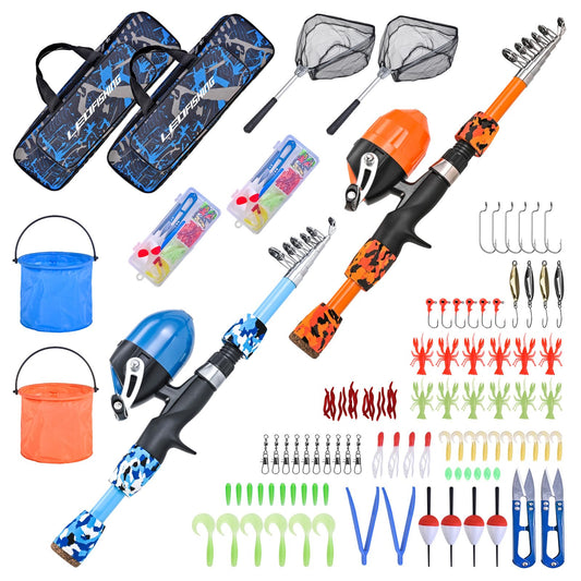 LEOFISHING 2 Set Kids Fishing Pole Set with Full Starter Kits Portable Telescopic Fishing Rod and Reel Cambos with All The Necessary Fishing Kits for Boys Girls and Youth (2set (Blue +Orange))
