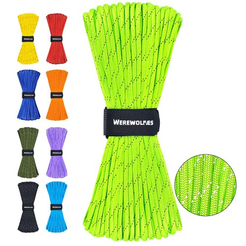 WEREWOLVES Reflective Paracord Rope 7 Strand Type III Parachute Cord 4mm 100ft / 200ft for Tent Camping Hiking Fishing Survival Tactical Clothesline DIY Projects (Neon Green, 100FT)