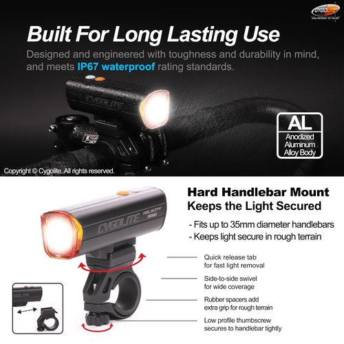 Cygolite Velocity Endurance 1,000 Lumen Bicycle Light– Anodized Aluminum Alloy- High Run Time–9 Modes– Fine Tunable Brightness-Compact IP67 Waterproof– Hard Mount– USB-C Charge–Road, Mountain, Commute