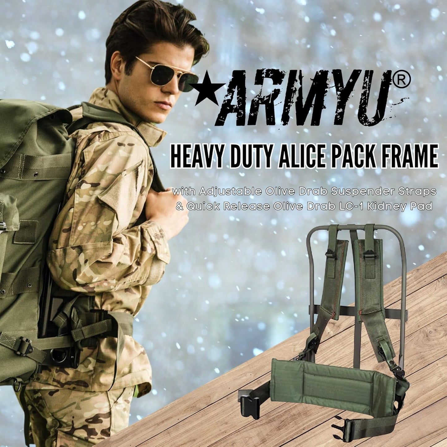 Army Universe Black Military Alice Pack Frame - Enhanced Army Hiking Gear with Adjustable Olive Drab Suspender Straps & Quick Release LC-1 Kidney Pad - Proton Pack