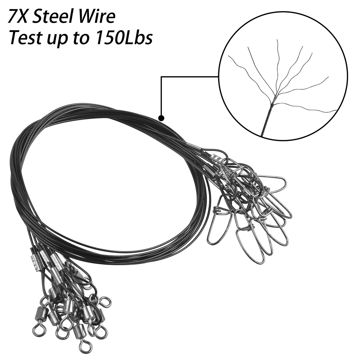 Fishing Wire Leaders, 15pcs Heavy Duty 150LB Stainless Steel Fishing Line Leaders with Swivels and Snaps Nylon-Coated Tooth Proof Saltwater Line Wire Leader Snap Connector 19.7inch