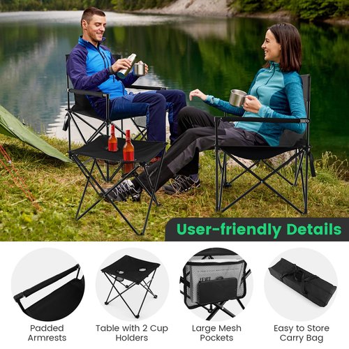 Giantex Camping Chair and Table Set - 3 Pack Folding Beach Chair with Side Table, 2 Cup Holders, Storage Pockets, Carrying Bag, 400 lbs Capacity Hammock Camping Chair for Fishing, Hiking, Picnic, BBQ