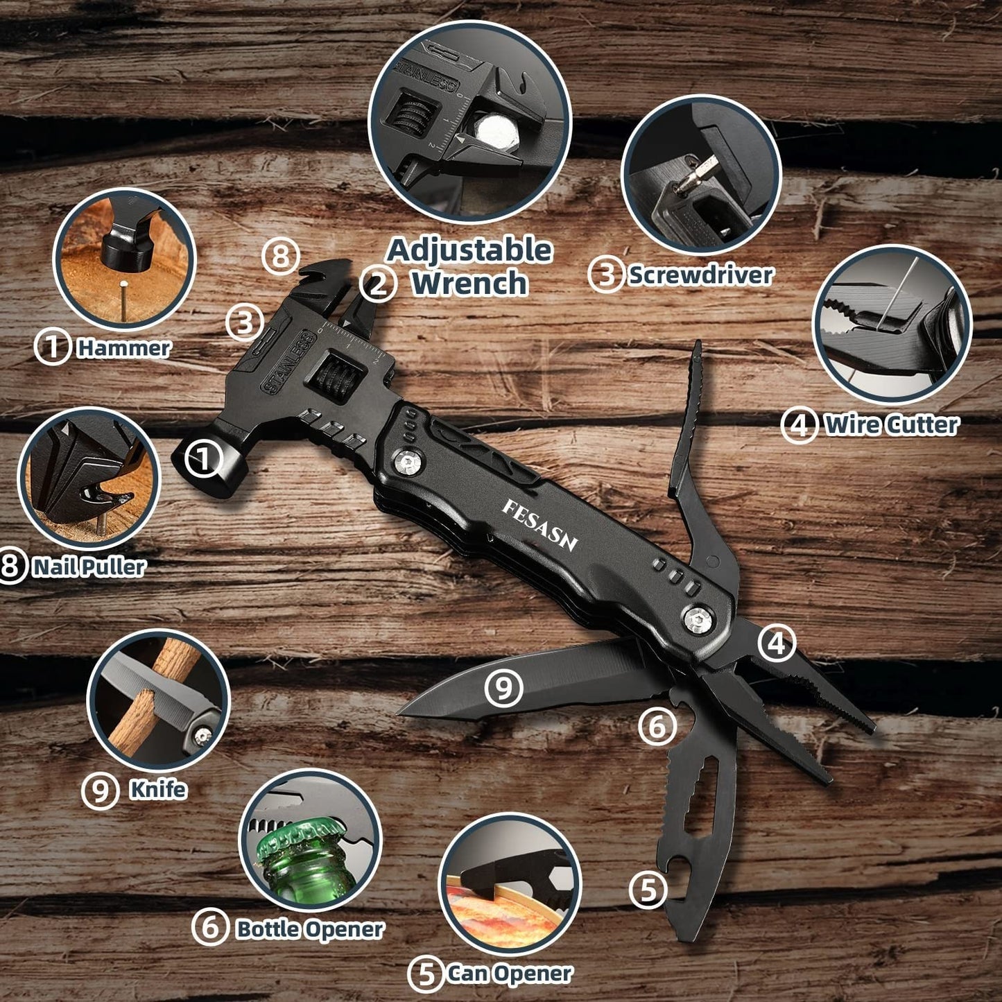 Fesasn Adjustable Wrench Multitool Hammer, 16 in 1 Pocket Multi Tool Pliers, All-in-One Survival Camping Multi Tool Apply to Home DIY, Survival, Camping and Everyday Use